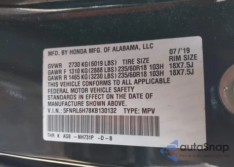 2019 Honda Odyssey Ex-L z USA, uszkodzony, nr VIN 5FNRL6H78KB130132